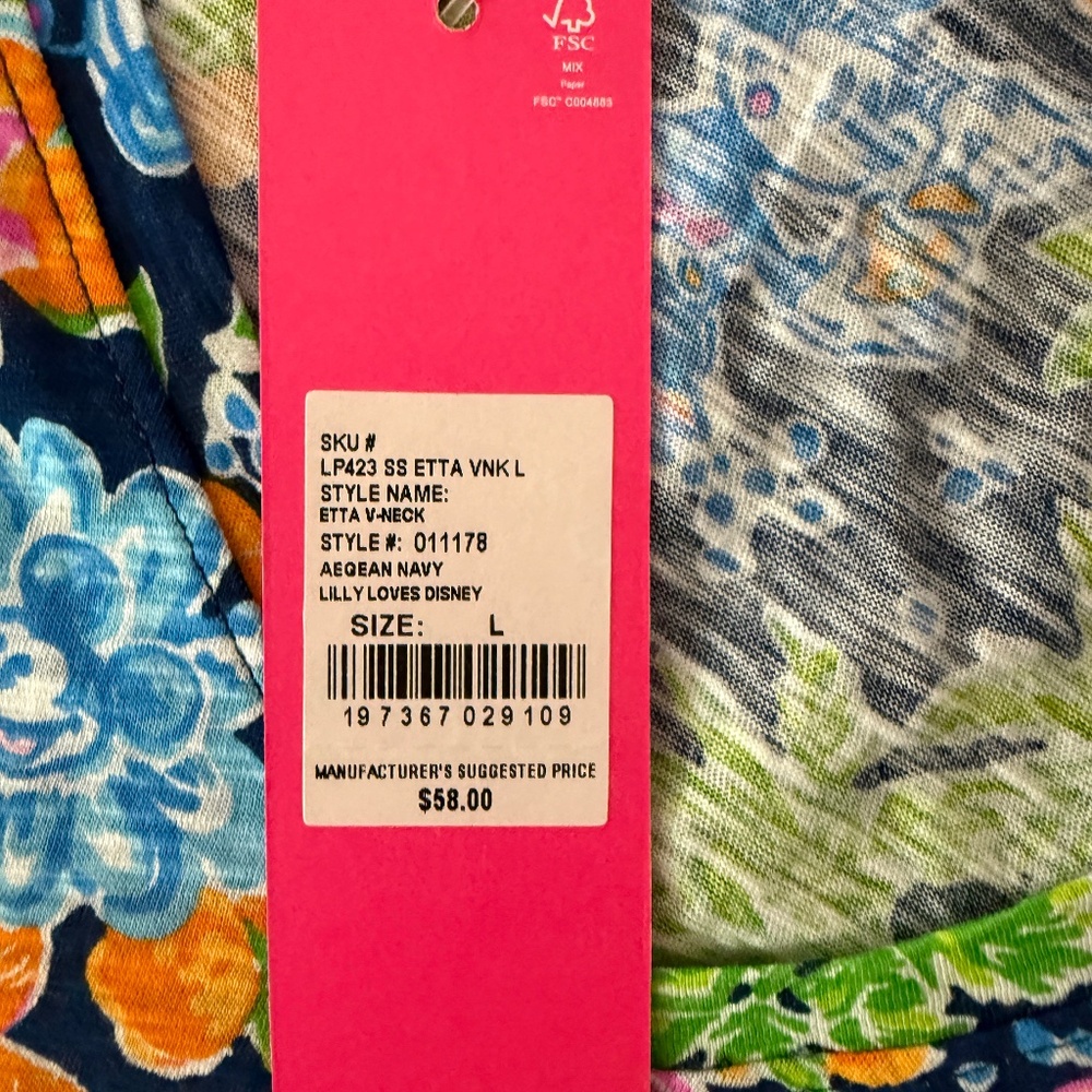 NWT Lilly Pulitzer Etta v-neck t-shirt in Lilly Loves Disney Aegean Navy Size L - Picture 3 of 4